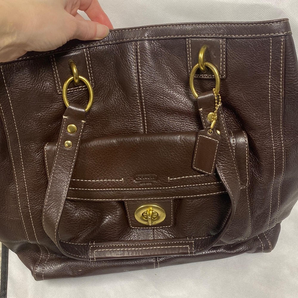 Coach Brown Pebbled Leather Penelope Turnlock Top Handle Tote Bag
